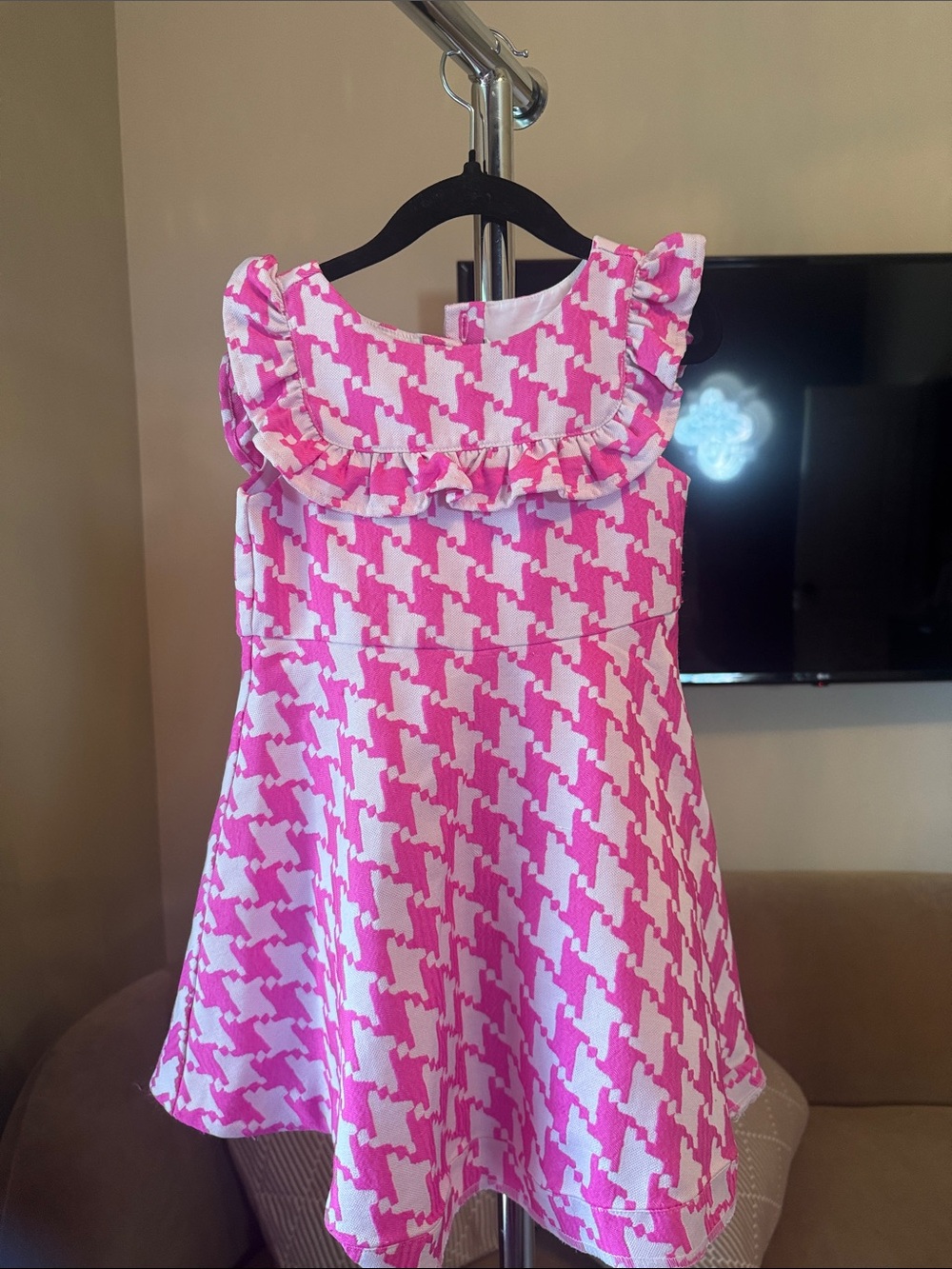 Janie and Jack Pink and White Houndstooth Ruffle Neck Dress